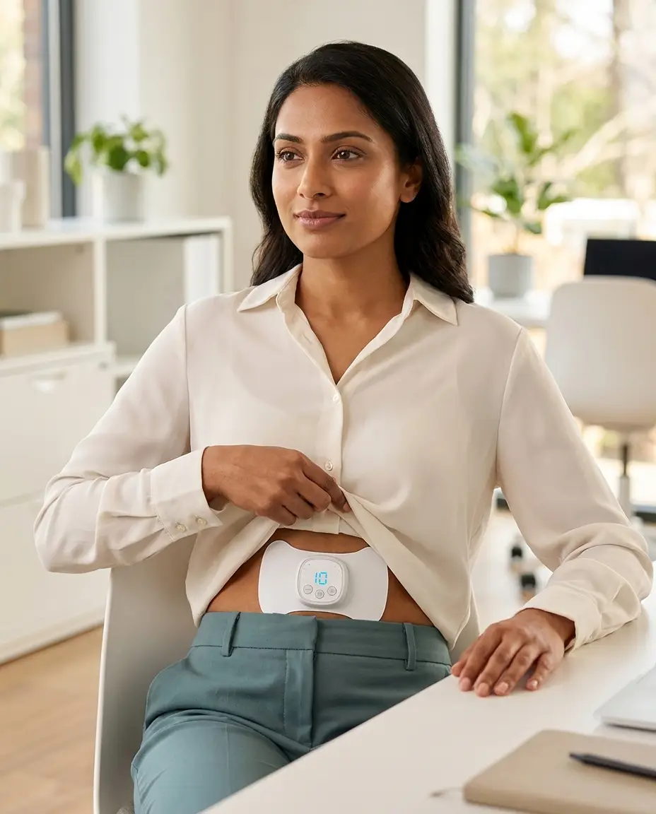 Endometriosis flare relief - pod worn discreetly at a desk